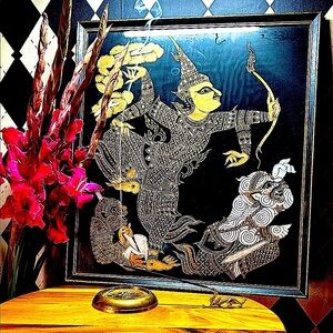 Silk Art| Framed Thai Temple Renderings Gold on Black Vintage 20”